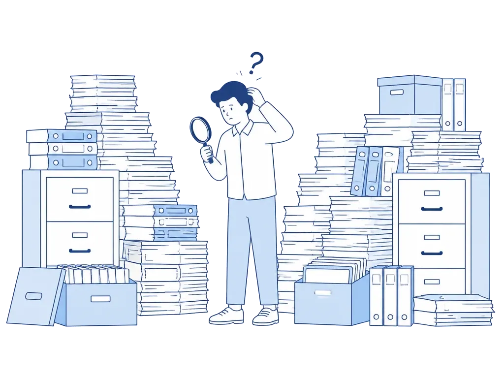 Person searching through stacks of documents with a magnifier