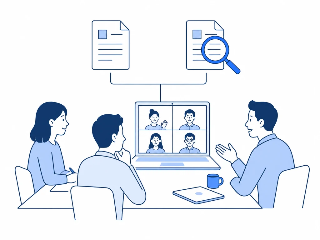 Line illustration of a team collaborating in a video meeting with document search