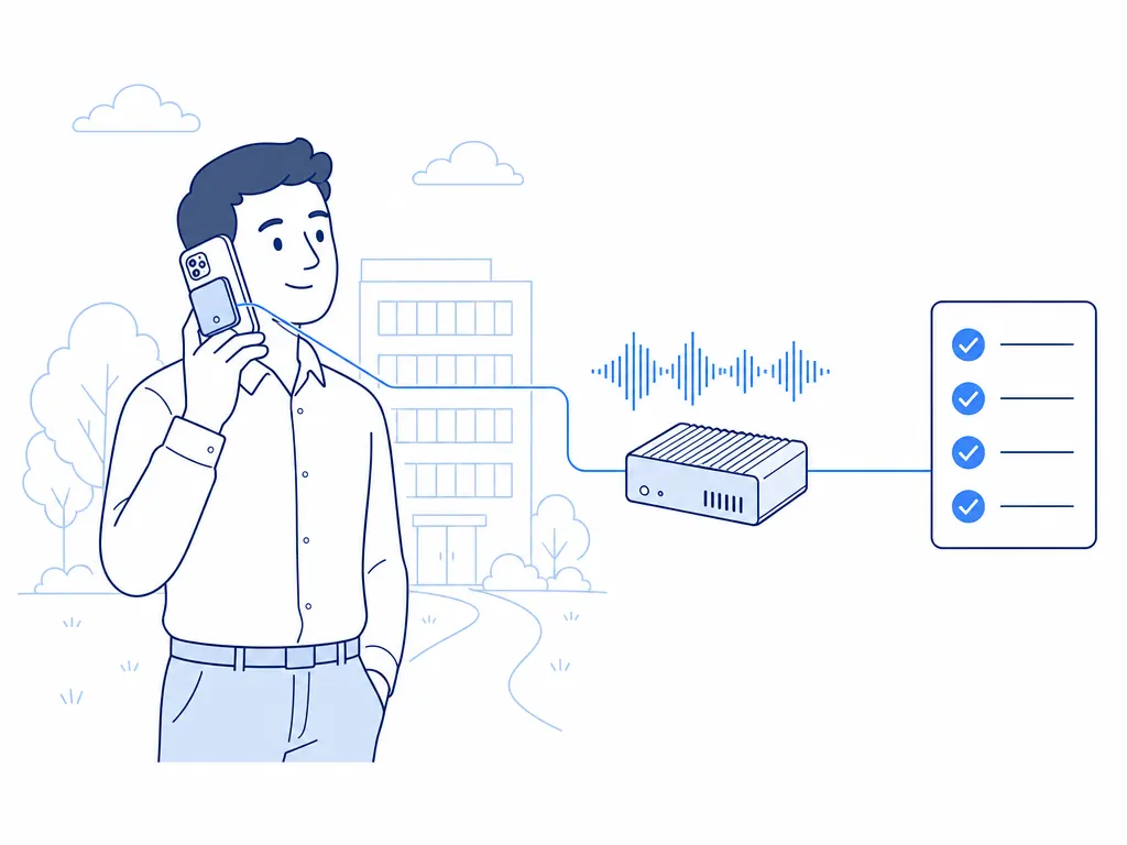 Line illustration of a field worker on a call wearing a recorder card, with an edge device generating an action list